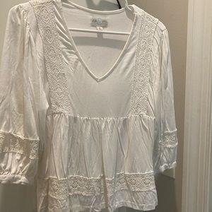 Cream Crochet Detail V-Neck Juliette Sleeve Blouse, Size medium